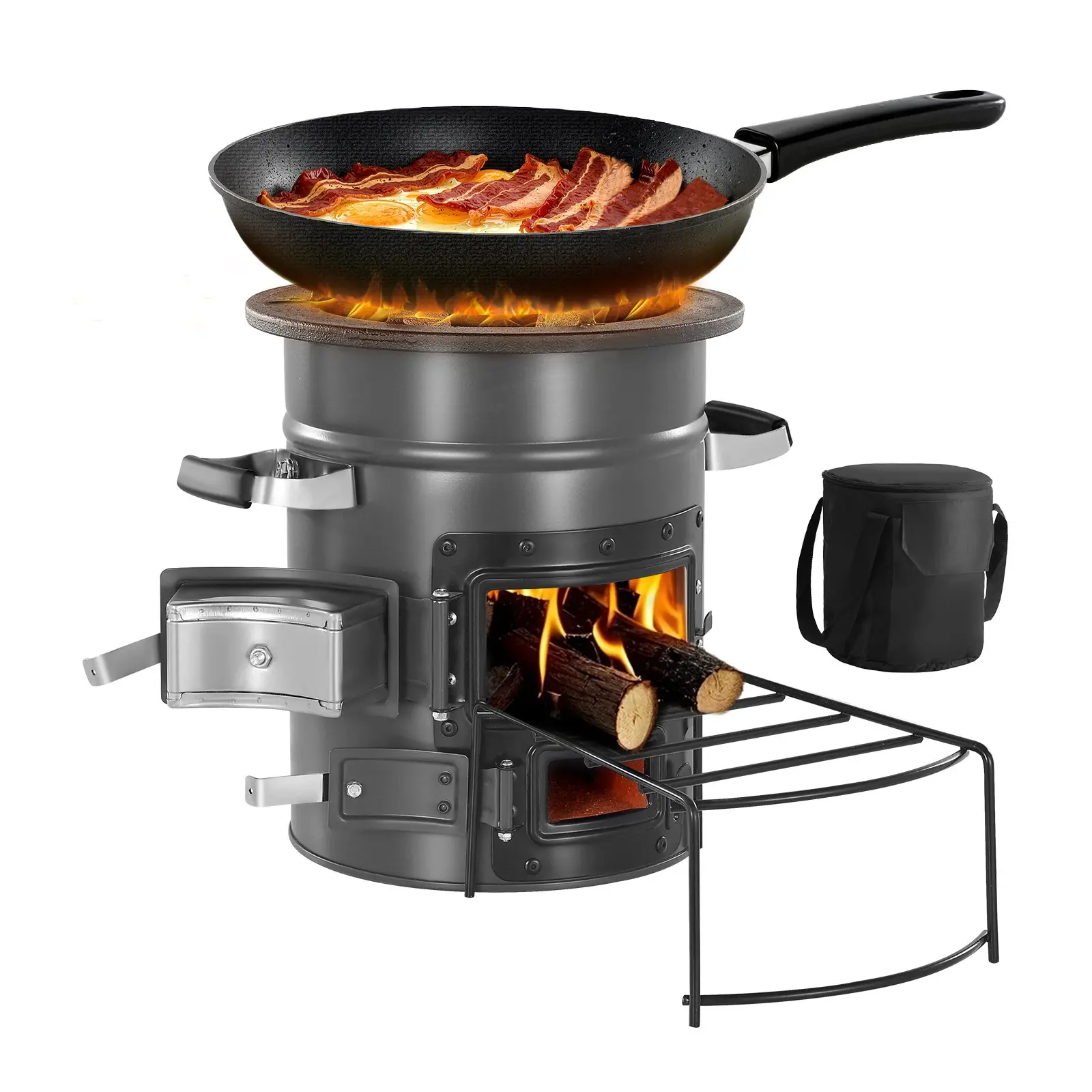 VEVOR Portable Cast Iron & Steel Wood-Burning Rocket Stove for Outdoor Pet Care, Heatproof Core, SPCC Steel Double Doors, Locking Fuel Door, Smooth Burn Design, Twig/Stick/Charcoal Compatible, Protective Carry Bag Included