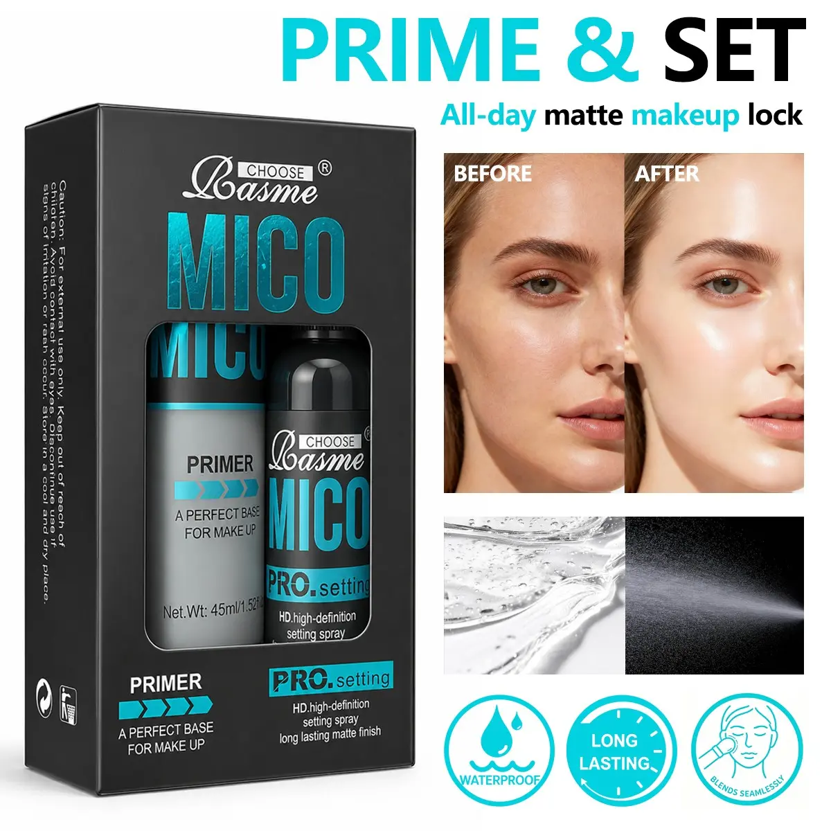 Makeup Gel Primer & Long Lasting Setting Spray 2Pcs Set, Mico Pore Minimizing Hydrating Face Primer Matte Finish Setting Spray All Day Makeup Hold Kit
