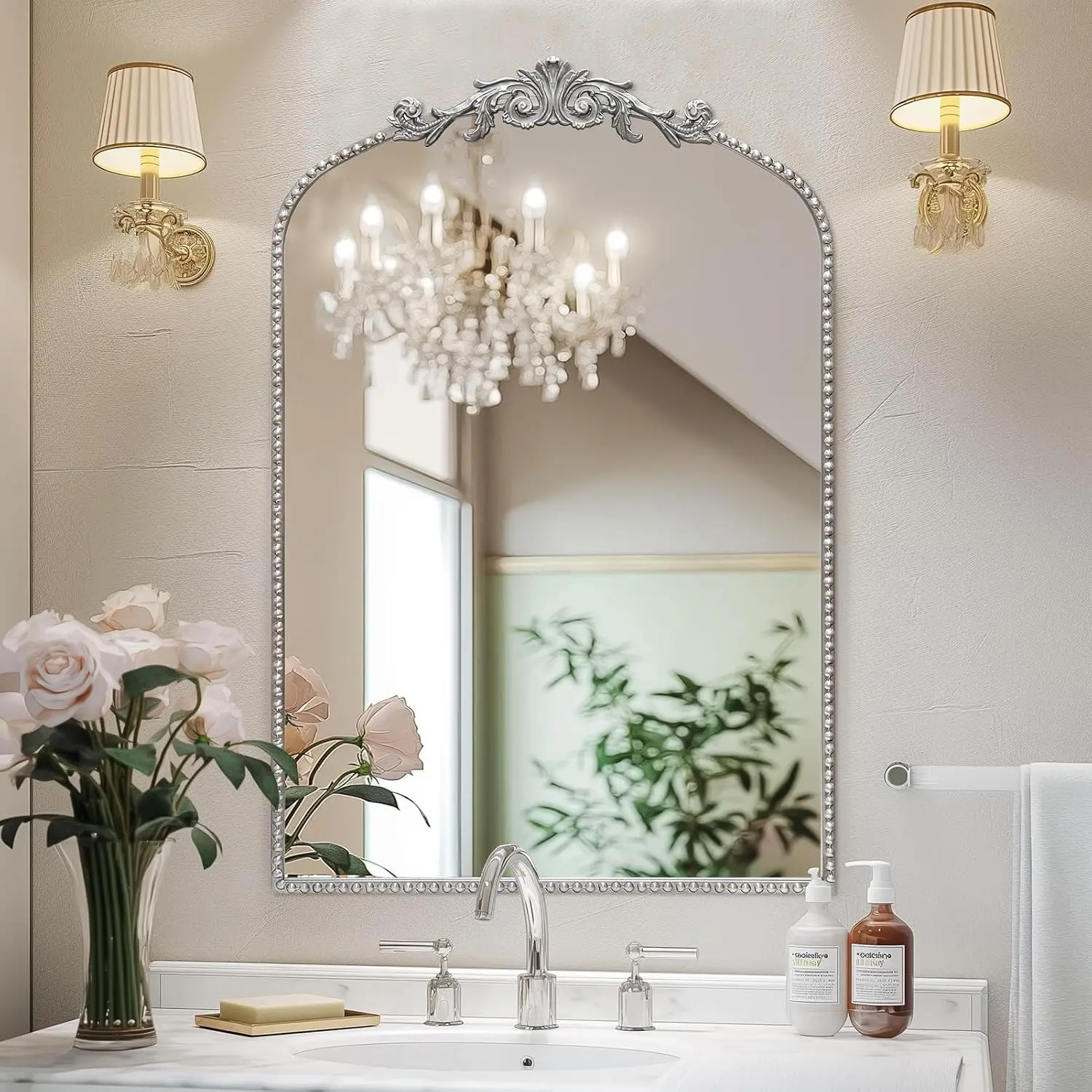 Antique  Arch Wall Mirror, 24"x36" Traditional  Mantel Mirror with Ornate Metal Frame, Baroque  Decor for Fireplace/Entryway/Bathroom/Living Room/Hallway
