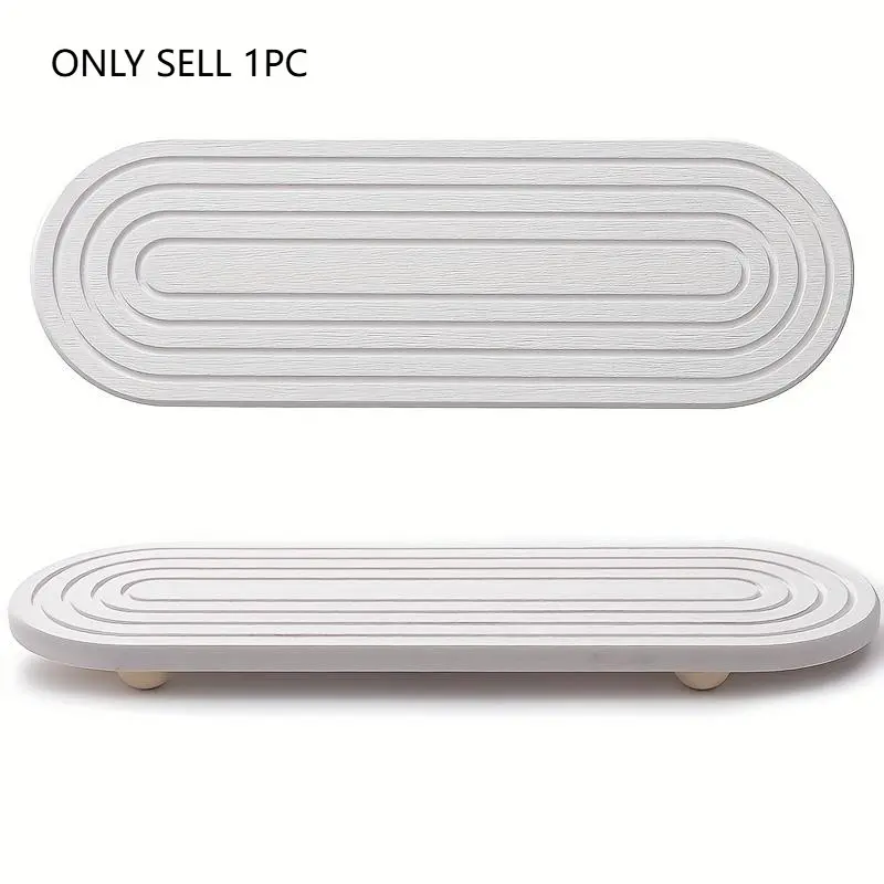 Water-absorbing stone tray for kitchen/bathroom countertops, quick-drying sink rack, Water Absorbent Mat (with wooden feet and natural gourd fiber, gray), Reusable Silicone Mat