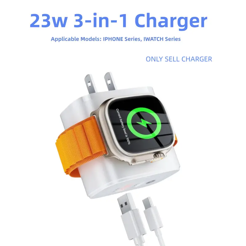1PC 23W 3-in-1 Fast Charging Block with US Plug, Integrated Wireless Charger for Apple Watch Series, Smart Watch Charger, Dual USB-A Type-C Fast Charging Adapter, Portable Travel Charger