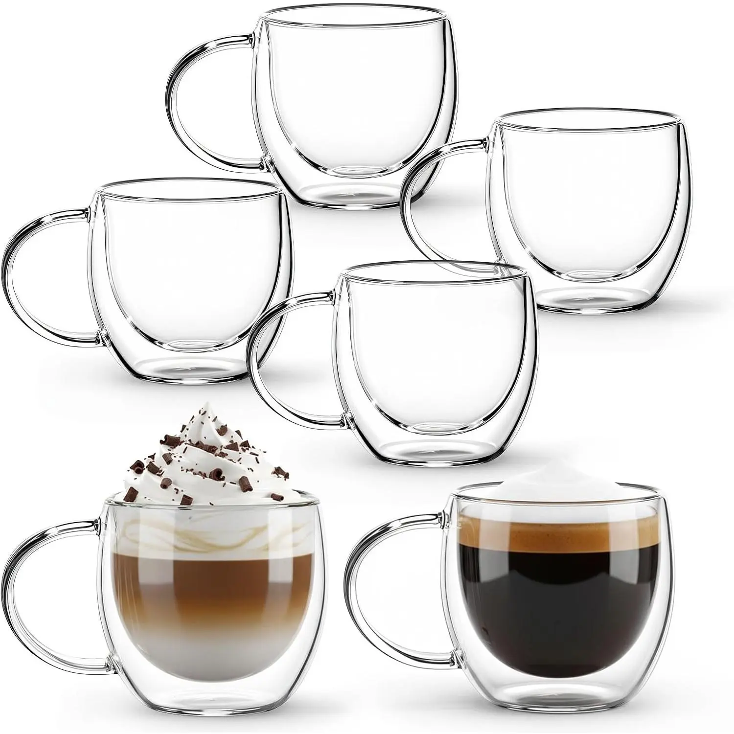 6 Pack 2.7oz Double Walled Insulated Borosilicate Glass Coffee Mugs with Handles, Clear Heat Resistant Cups for Cappuccino, Tea, Latte, Milk, Microwave Safe