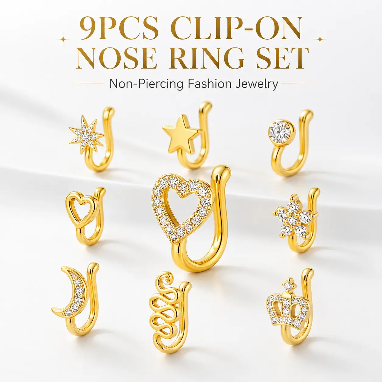 9PCS Clip On Nose Rings Set, Non Piercing Fake Nose Ring Cuffs for Women Men, Adjustable Gold Tone Nose Clips with CZ Rhinestone, Star Heart Crown U-Shape Jewelry