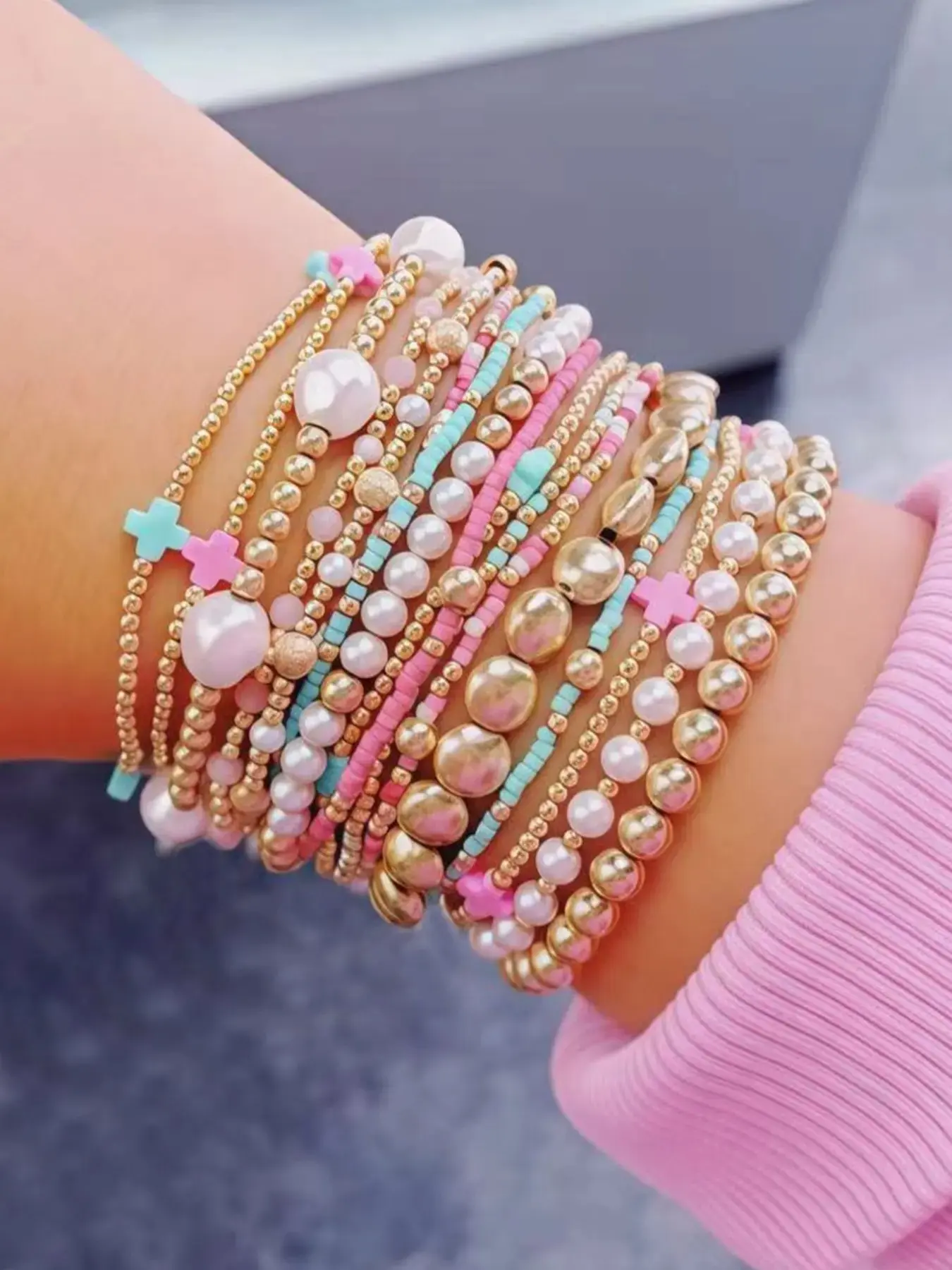 13-Piece Colorful Cross Beaded Bracelet Set for Women, Faux Pearl & Gold-Tone CCB Layered Stretch Bracelets, Stackable Boho Jewelry, Multicolor Bead Bracelet Collection, Birthday Gift, Everyday Fashion Accessories