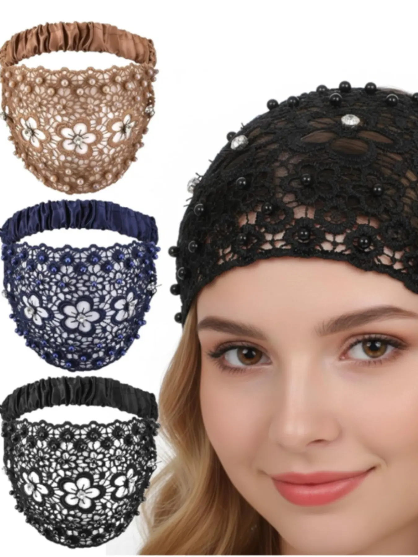 3-Piece Bohemian Style Crystal and Faux Pearl Wide Headband Set, Elegant Hair Accessories for Weddings, Vacations, Daily Wear