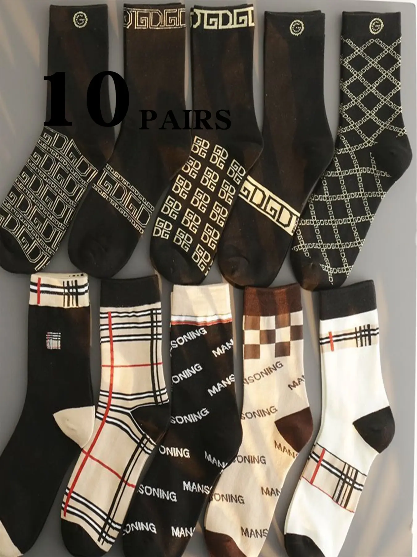 10 Pairs High-End Classic British Check Letter Socks, Stylish and Comfortable Footwear, Perfect for Daily Wear and Special Occasions