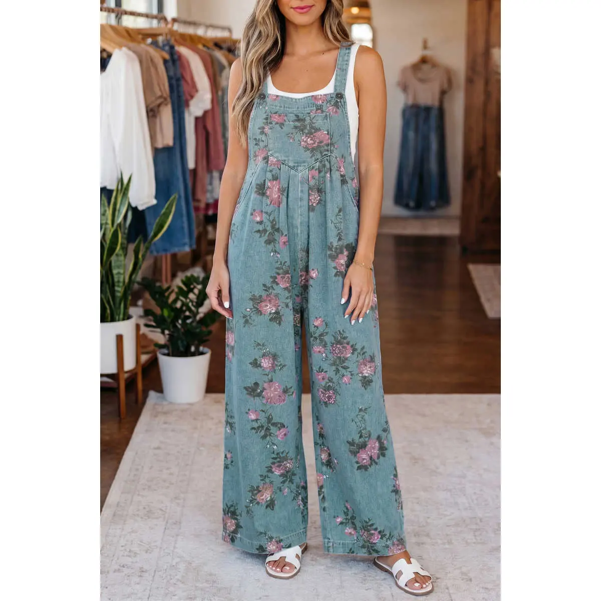 Beau Blue Floral Print Pleated High Waist Wide Leg Denim Jumpsuit Beau Blue Floral Print Pleated High Waist Wide Leg Denim Jumpsuit