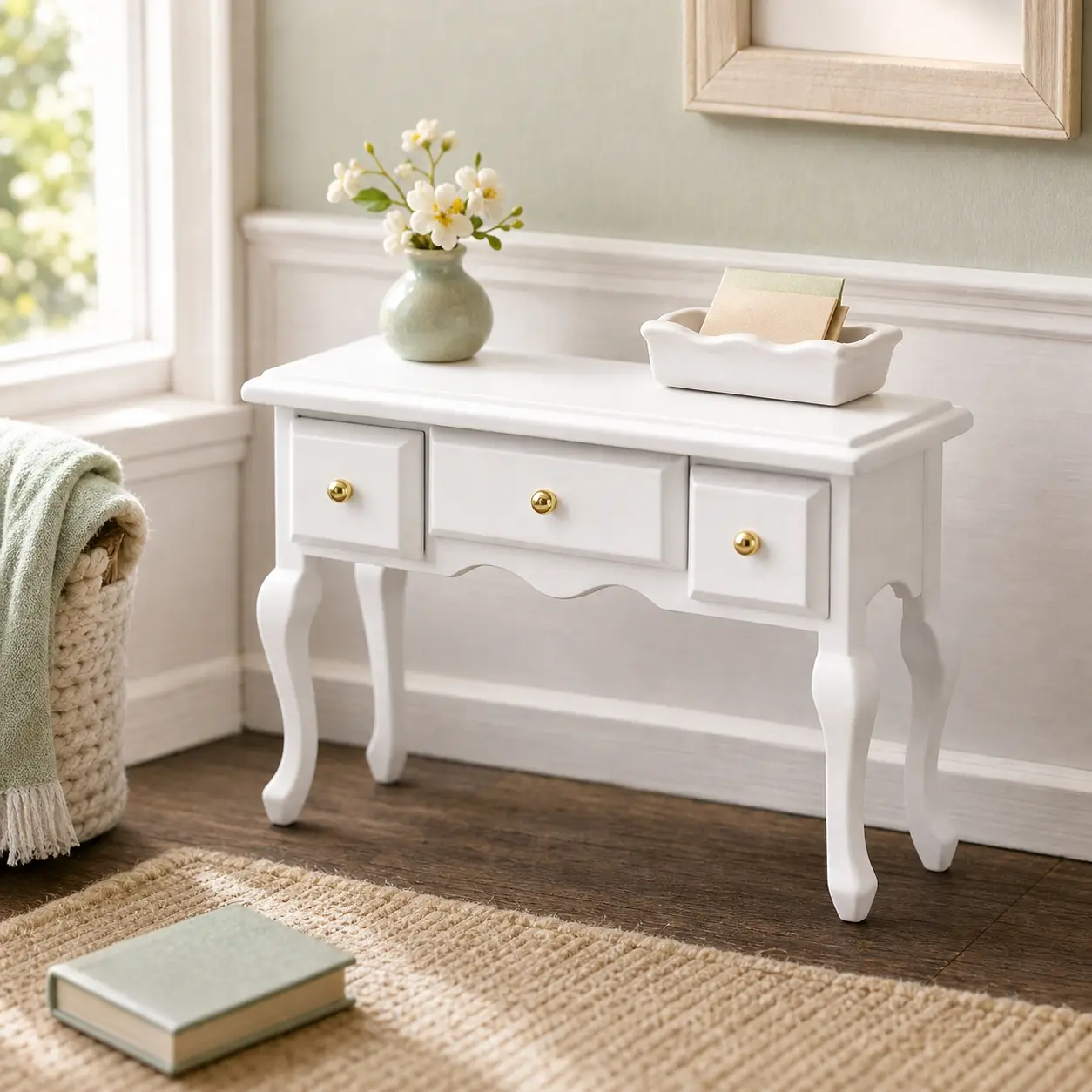 Miniature Dollhouse Console Table with Three Drawers, Hall Entryway Side or Dressing Table for Living Room and Bedroom Scenes