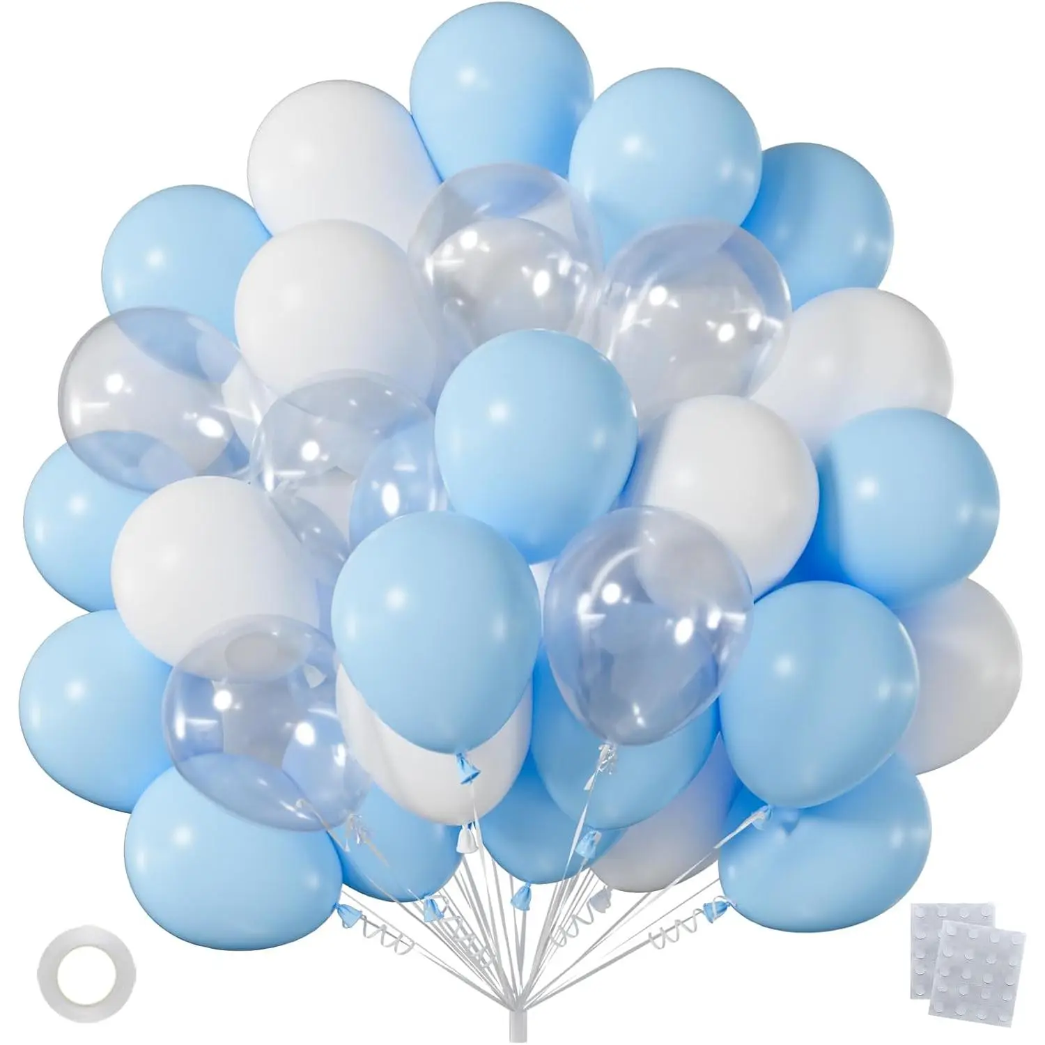 60 count Light Blue White Balloons, 12 Inch Pastel  Blue White & Clear Balloon Kit for  Shower  Birthday Party Decorations (with Ribbon & Adhesive Dots)