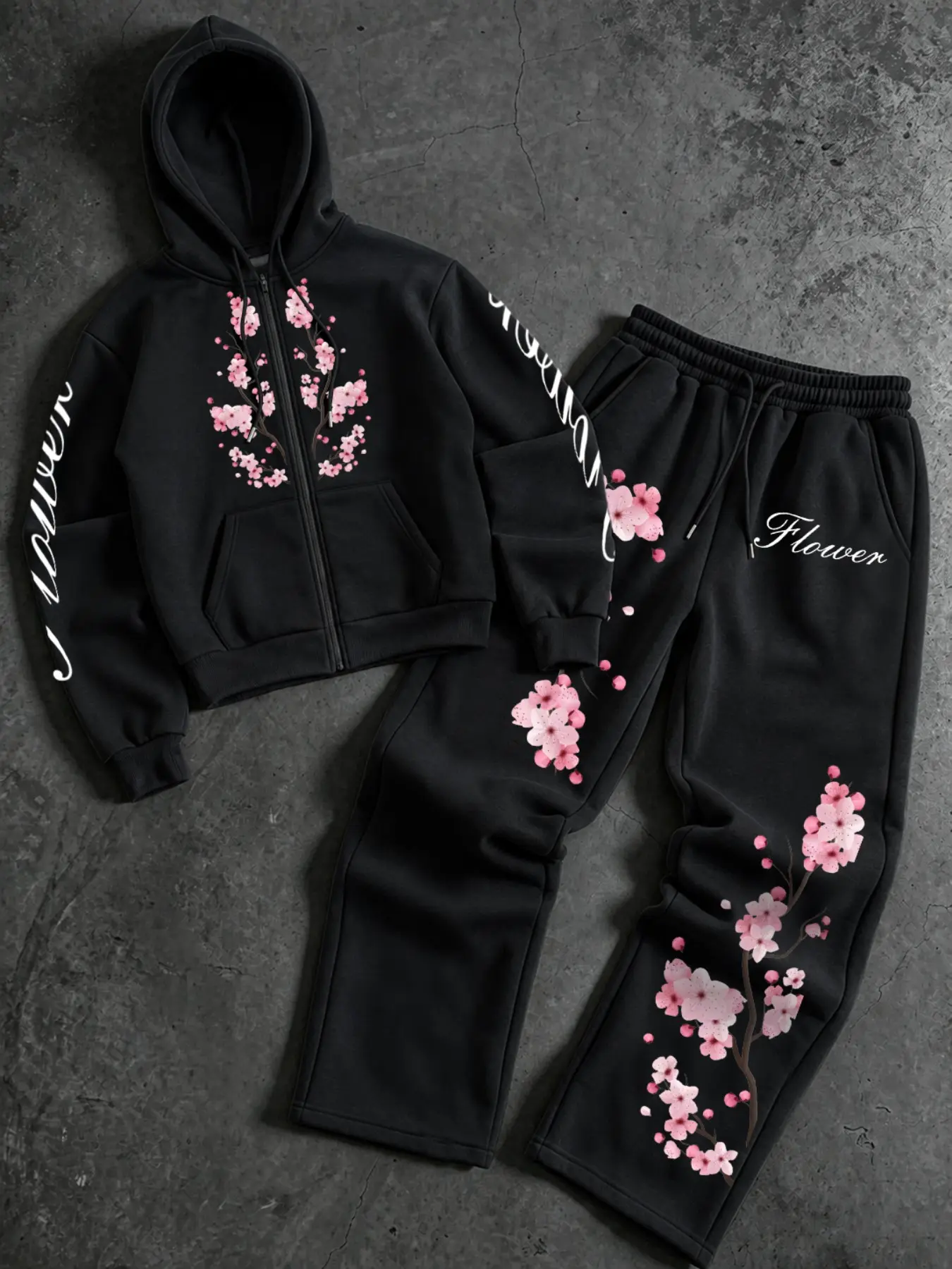 Black Men Y2K Streetwear 2‑Piece Tracksuit, Athleisure Tracksuit, Cropped Full‑Zip Hoodie and Sweatpants Set Featuring Sakura Cherry Blossom Graphics on Chest, Sleeves & Legs, Durable Breathable Outfit for Urban Daily