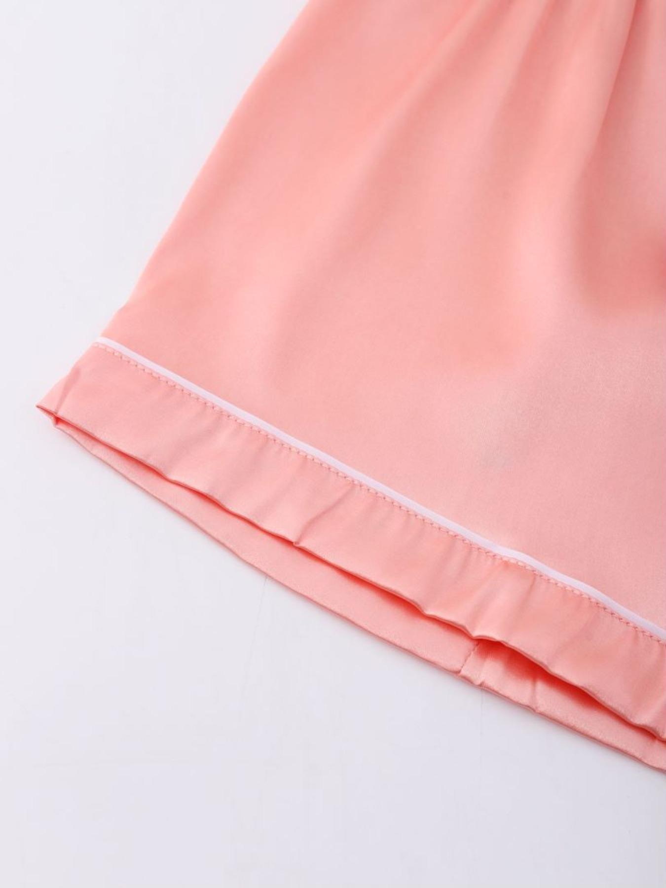 Women's Solid Contrast Binding Bow Decor Pajama Set, Short Sleeve Button Front Lapel Shirt & Shorts Pj Set, Ladies Summer Sleepwear & Loungewear