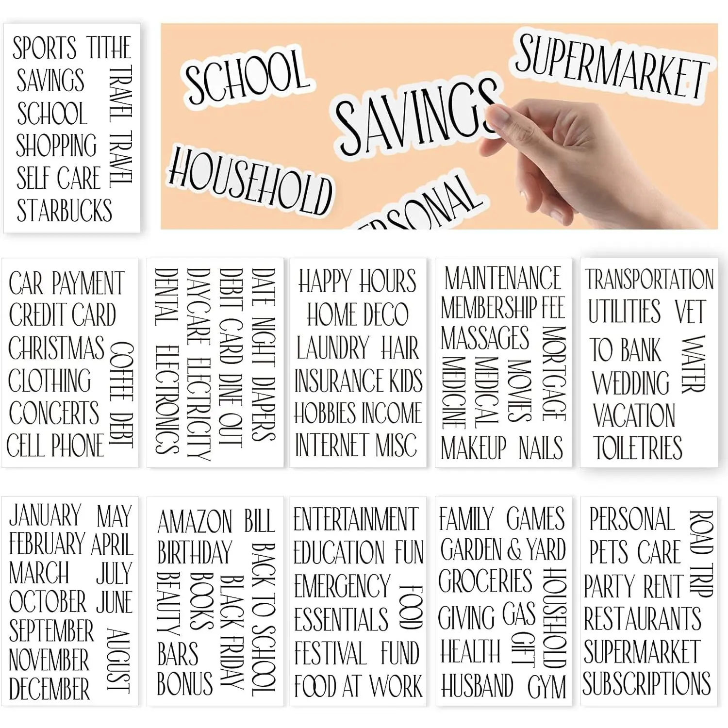 Cash Envelope Sticker Labels - 100 Black Vinyl Decals (100-Black Capital All Caps), 12-Month Self-Adhesive Stickers, 88 Pre-Printed Word Labels (4.2"x1.2") Reusable for Budget Binder Organization