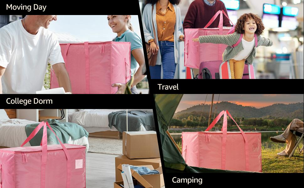 Moving Bags Heavy Duty Extra Large, Moving Boxes, Moving Supplies Essentials,Storage Bins with Lids, Plastic Packing Totes, Storage Bags for Clothes with Handles & Zippers(Pink, 8 Pack)