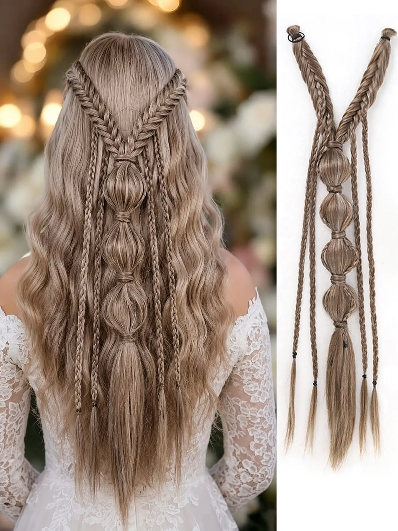 Bohemian Bubble Braid Pony Hairpiece for Women - Braided Synthetic Hair Extension with Elastic Headband Y2K Bubble Braid for Renaissance Fairs Festivals Weddings and Daily Hairstyling