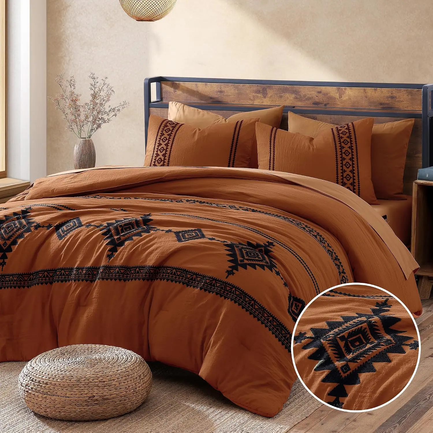 Embroidery Comforter Set, Boho Farmhouse Bedding Set, All Season Bed in A Bag Comforter Set with Sheets, Pillowcases & Shams, Burnt Orange Queen 7 Pieces