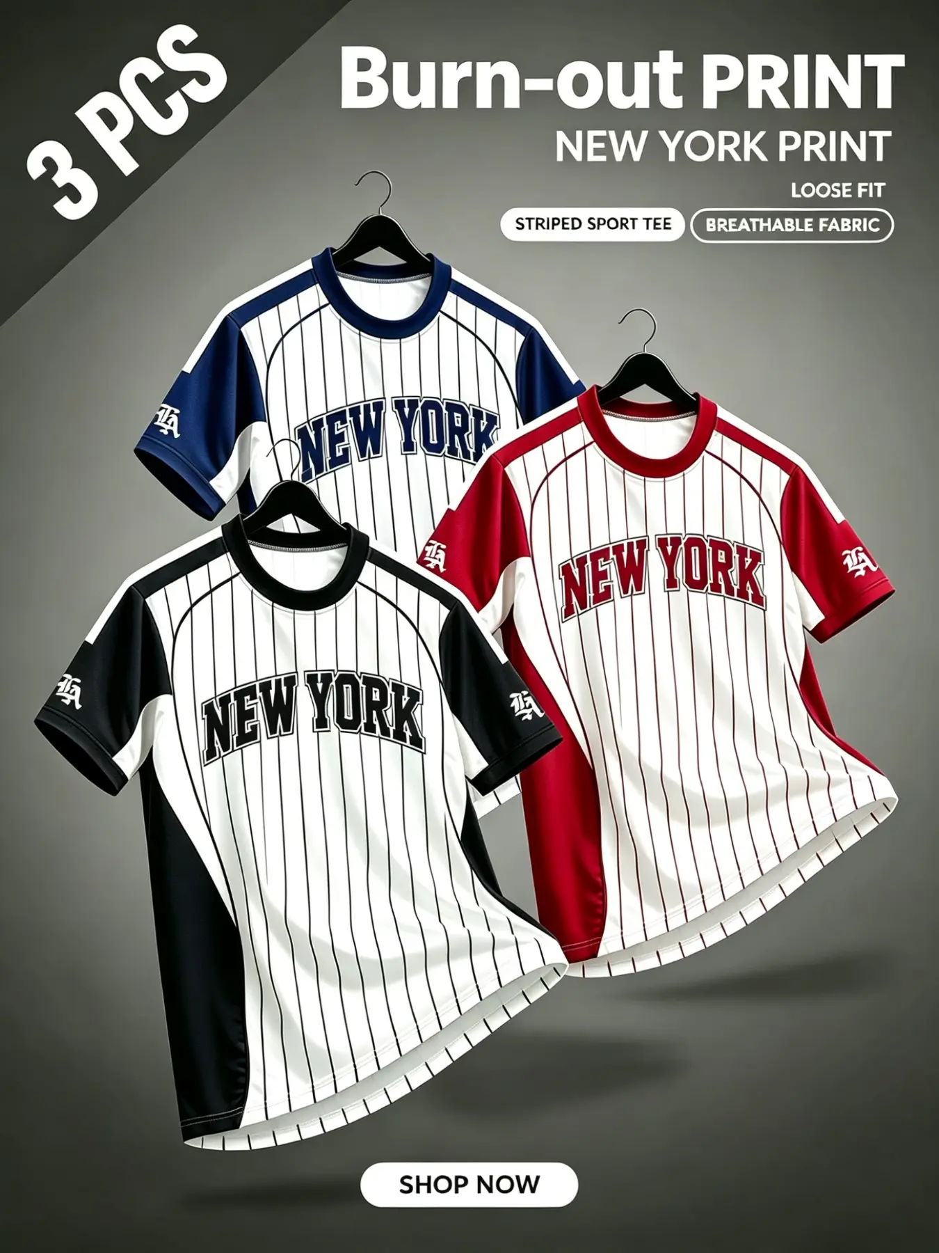 3pcs Men's Vintage Pinstripe Color Block Baseball Jersey Shirts Classic NEW YORK Letter Graphic Crew Neck Short Sleeve Casual Street Fashion Tee Tops