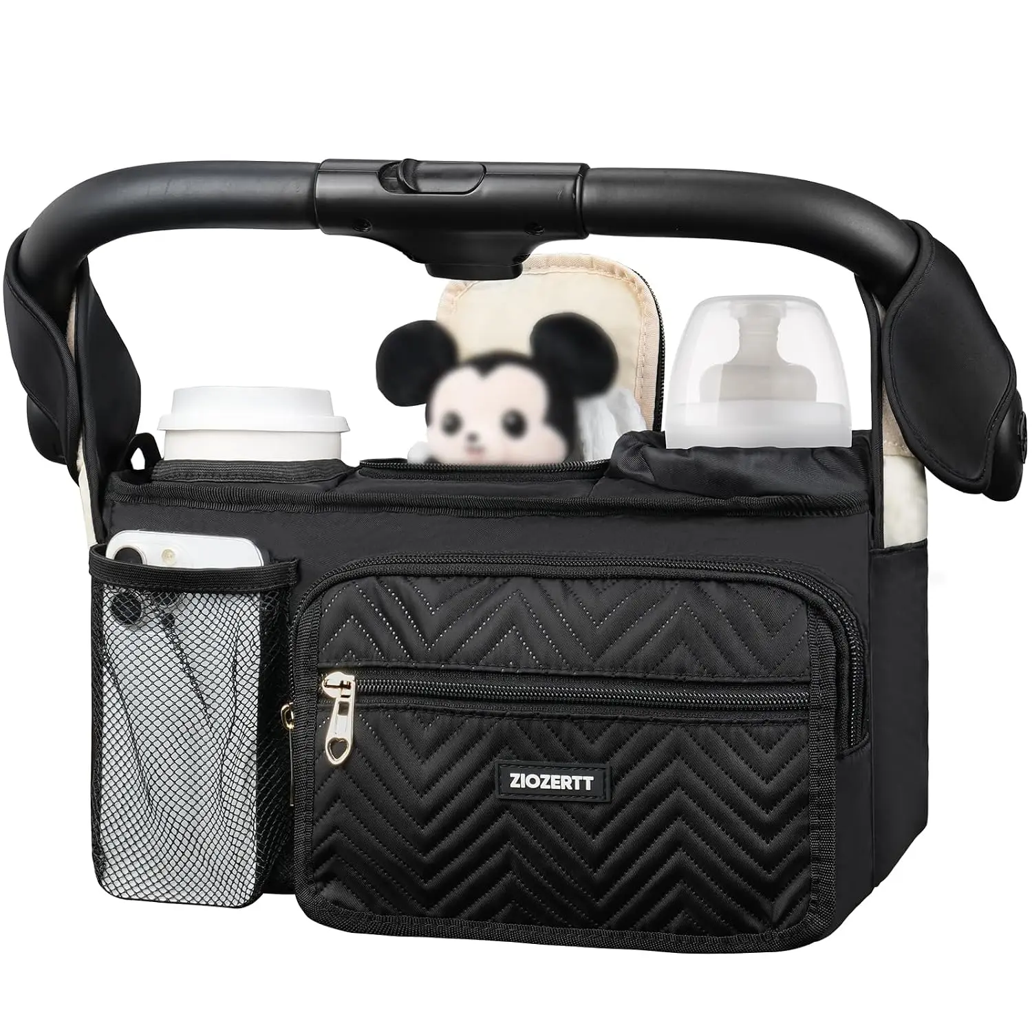 ZIOZERTT Universal Stroller Organizer with Insulated Cup Holders,Large Capacity Non-Slip Stroller Caddy Bag Fits for Uppababy/Doona/Jogger/Britax/Mompush/BoB with Anti-Sag Hard Bottom and Wet Wipes Pocket