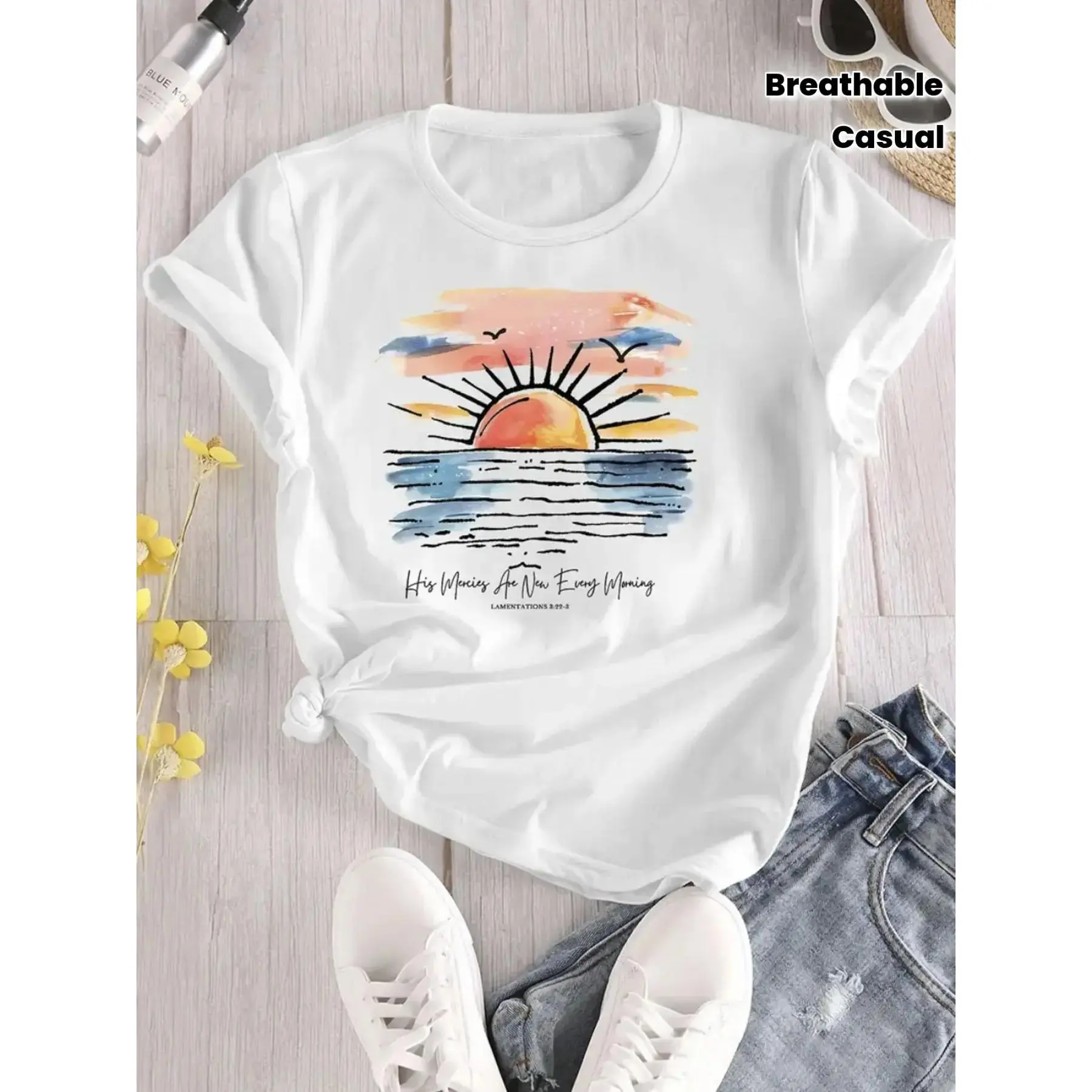 Women'S One-Piece T-Shirt - White Beach Sunset Print, Waves And Seagull Pattern |   Breathable Crew Neck Short Sleeve Casual Summer Top, Loose Fit, Suitable for Beach Wear, Casual Wear And Vacation Travel - Pink-Orange Tones