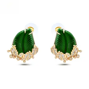 Green Geometric Glazed Resin Stud Earrings for Women Trendy Emerald Style with Copper Zircon Feeling Personality Jewelry