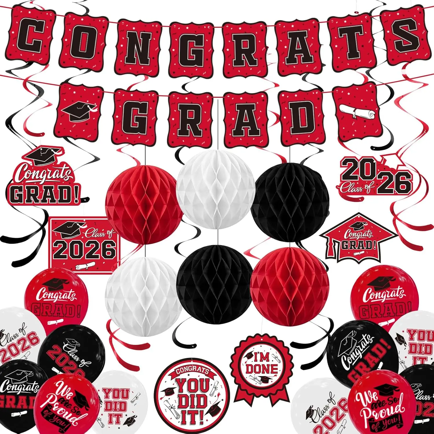 2026 Graduation Party Supplies Kit - Red Congrats Theme Set with Class Banner, High School Hanging Decor, Hanging Swirls, Balloons, Honeycomb Balls - Ideal for High School Events