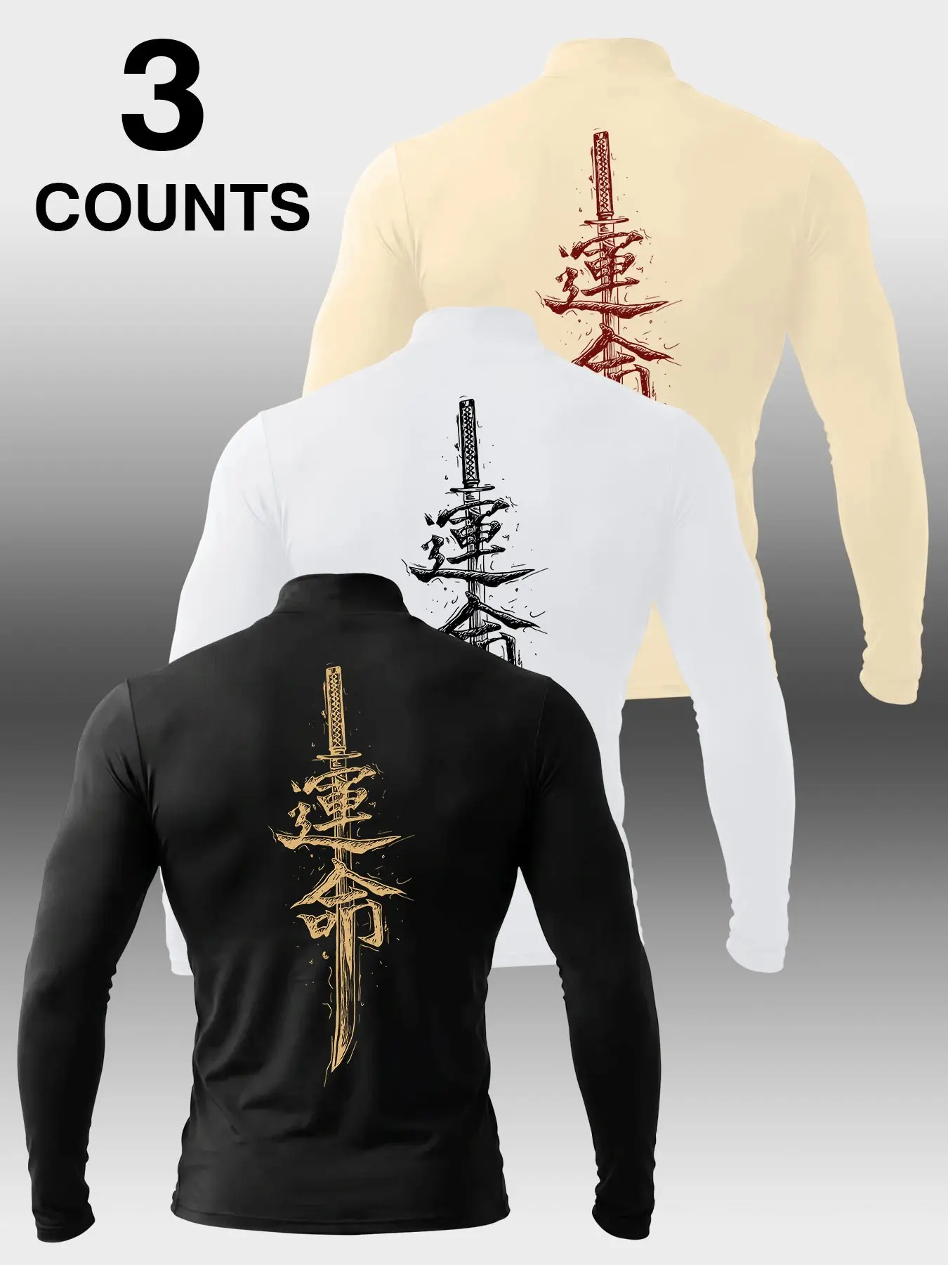 men mock neck long sleeve top samurai sword kanji ink print oriental trendy casual shirt