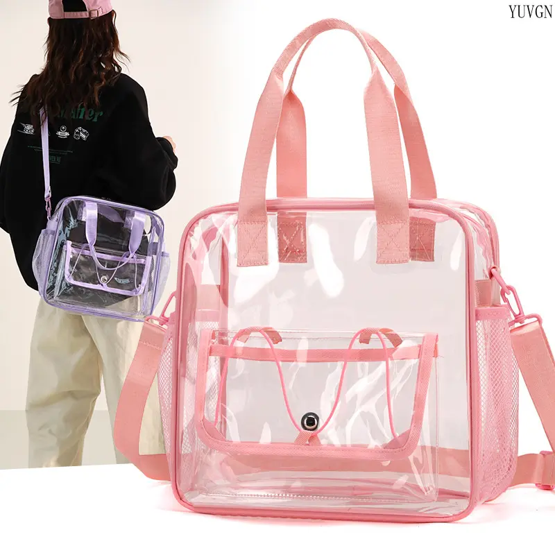 Clear PVC Stadium Approved Tote Bag, Front Drawstring Pocket Transparent Handbag, Detachable Adjustable Crossbody Strap Mesh Side Pocket, Large Capacity See Through Bag For Concert, Sports Game, Travel & Daily Use