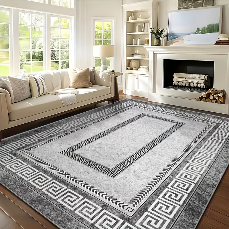 Veluma Luxury Crystal Velvet Rug - Heavy Duty 850gsm Bohemian Floral & Persian Pattern with Non-Slip Backing, Machine Washable 100% Polyester, for Living Room, Bedroom, Entryway - Grey & Black Marble Effect |   Bohemian Style Rug for High Traffic Areas.