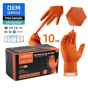Anboson 10mil Orange Nitrile Gloves Diamond Texture Disposable for Industrial Mechanics Heavy Duty Use