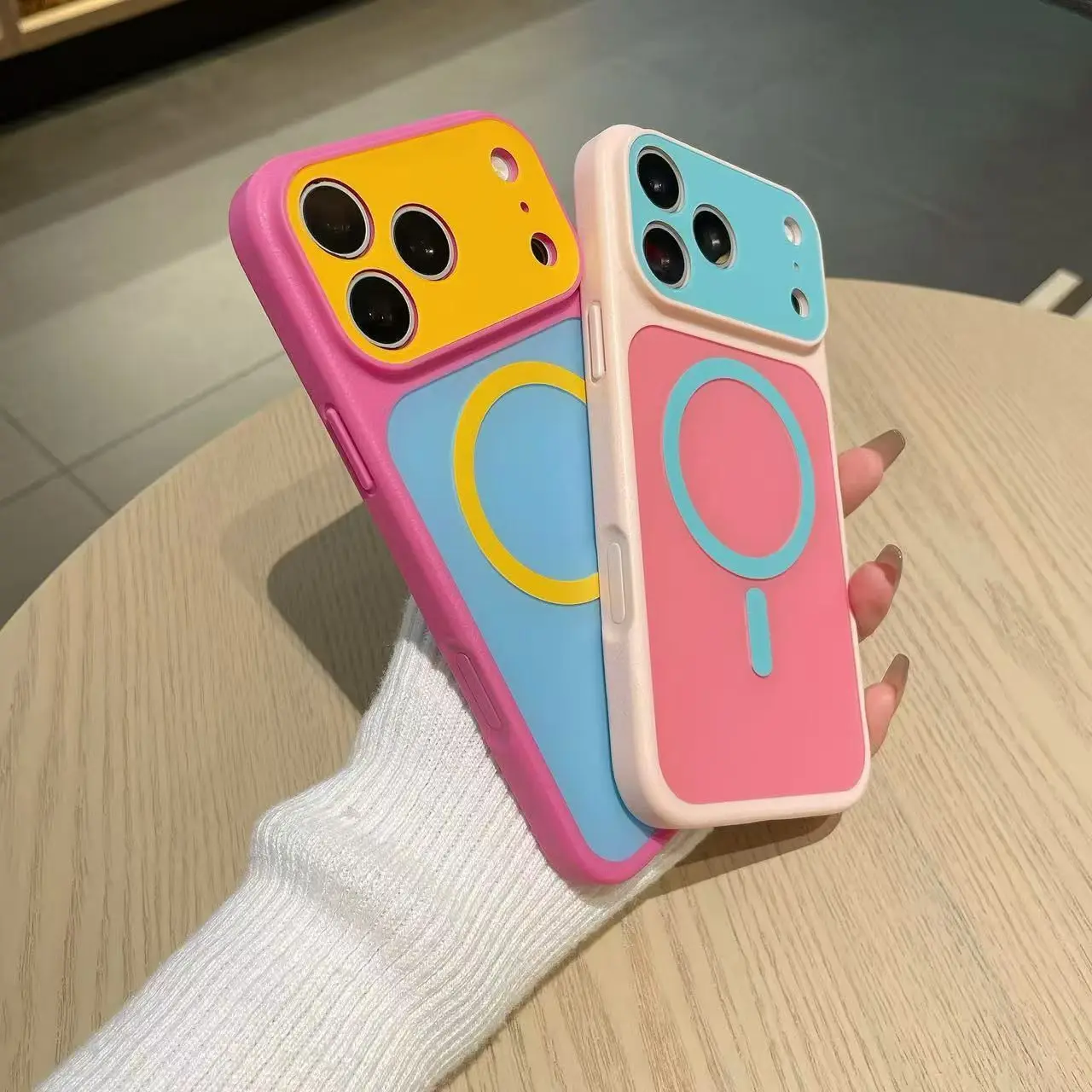 Silicone Phone Case for iPhone 17/16/15/14/13 Pro Max Plus, Blue-Yellow Contrast Candy Color Block, MagSafe-Compatible with Camera Lens Protection