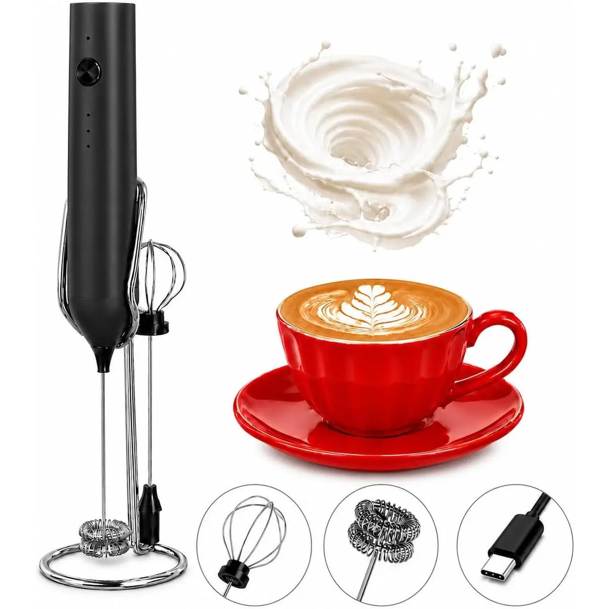 Handheld Milk Frother Wand Rechargeable with Stand - Double Whisk Milk Frother Handheld -3 Speed Levels- Coffee Stirrers Electric Drink Mixer - Coffee Frother (Black)