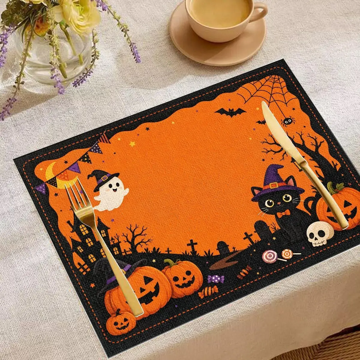 Vikama Halloween Linen Placemats, Witch Cat Heat Resistant Table Mats, Party Decor for Restaurant, 4/6/8pcs Set