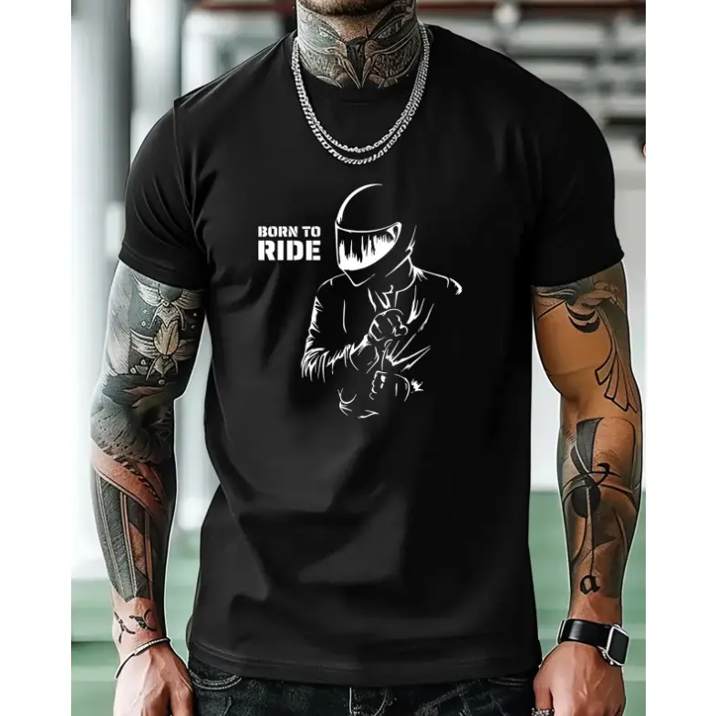 Oversized Comfort Cotton Graphic Tee, SummerVibes,Born To Ride Motorcycle Biker Helmet Silhouette Fashion Outfit, Cool Biker Rider Casual Shirt, Ideal Valentine Holiday Present For Him Her Motorcycle Lovers