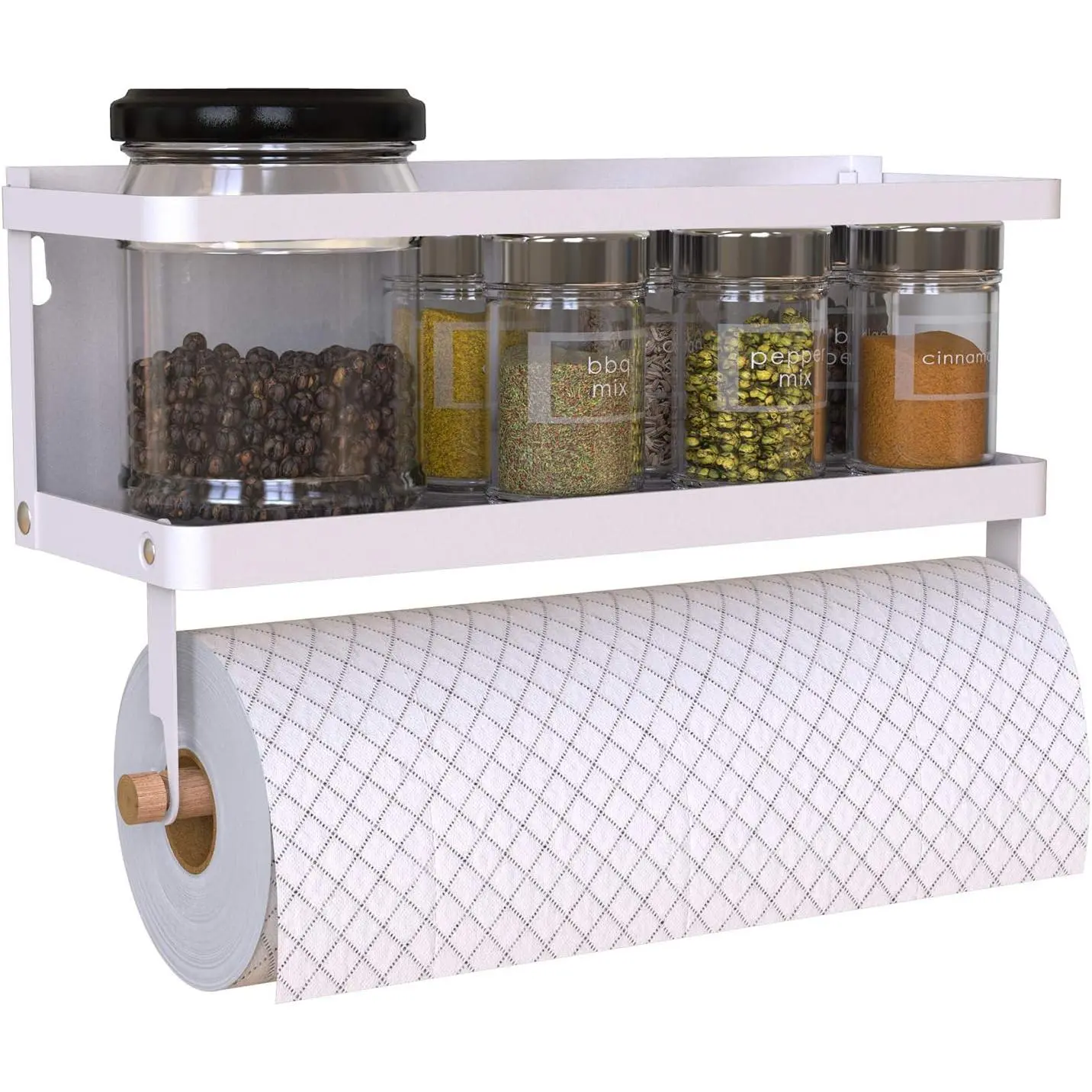 Rack Organizer Single Tier Refrigerator  Storage Shelf, Easy to Install The Side of The Refrigerator Can Hold spices, Jar of Olive Oil (White, With hook)