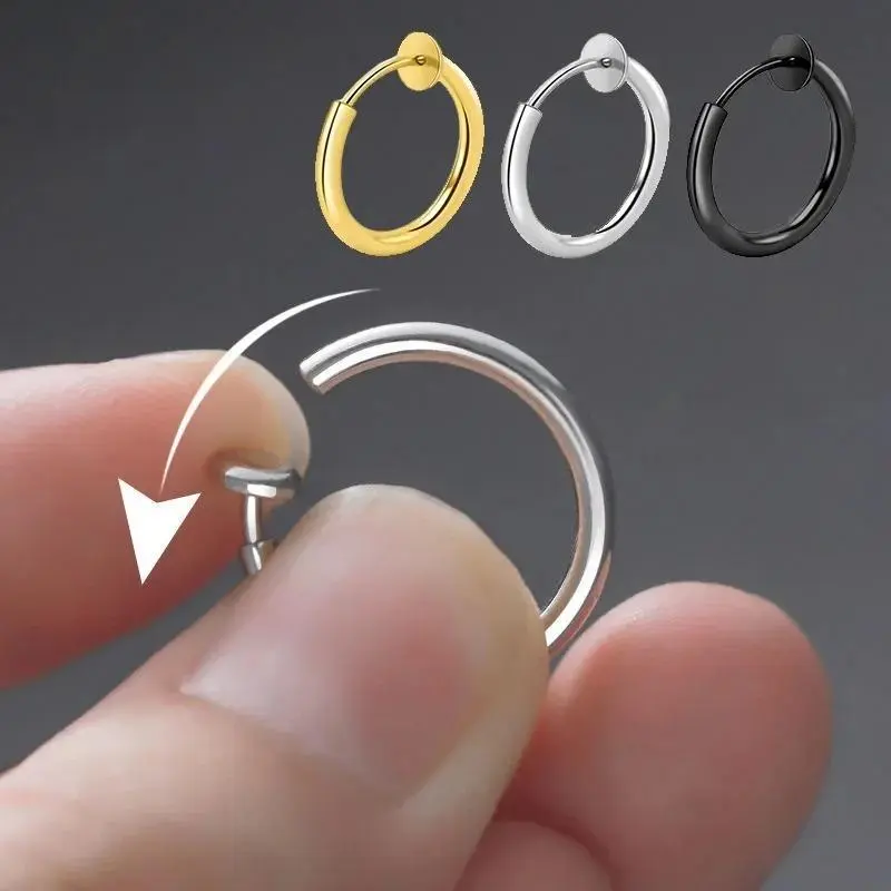 Women’s 2Pcs Stainless Steel Fake Piercings Hoop Earrings - Pain-Free, Protective Clip, Push Clip Mechanism, Painless No-Piercing Stealth Jewelry, 8-20mm Sensitive Ears Solutions, P2, Clip-On, Daily