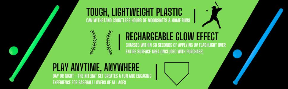 Glow in The Dark Plastic Baseball Bat w/ 3 Glow in The Dark Plastic Baseballs Bundle UV Flashlight Included (Electric Lime)