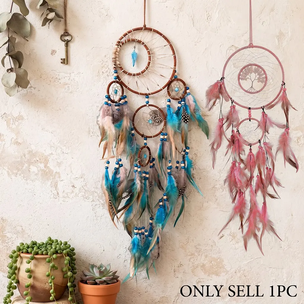 Boho Dreamcatcher with Feather Hanging Ornament, Large Dream Catcher Handmade Wall Decor for Bedroom Study Room Garden Courtyard Unique Bless Gift Bohemian Vintage Ethnic Indian Style Wall Decoration Pendant Christmas Decor Circular Net