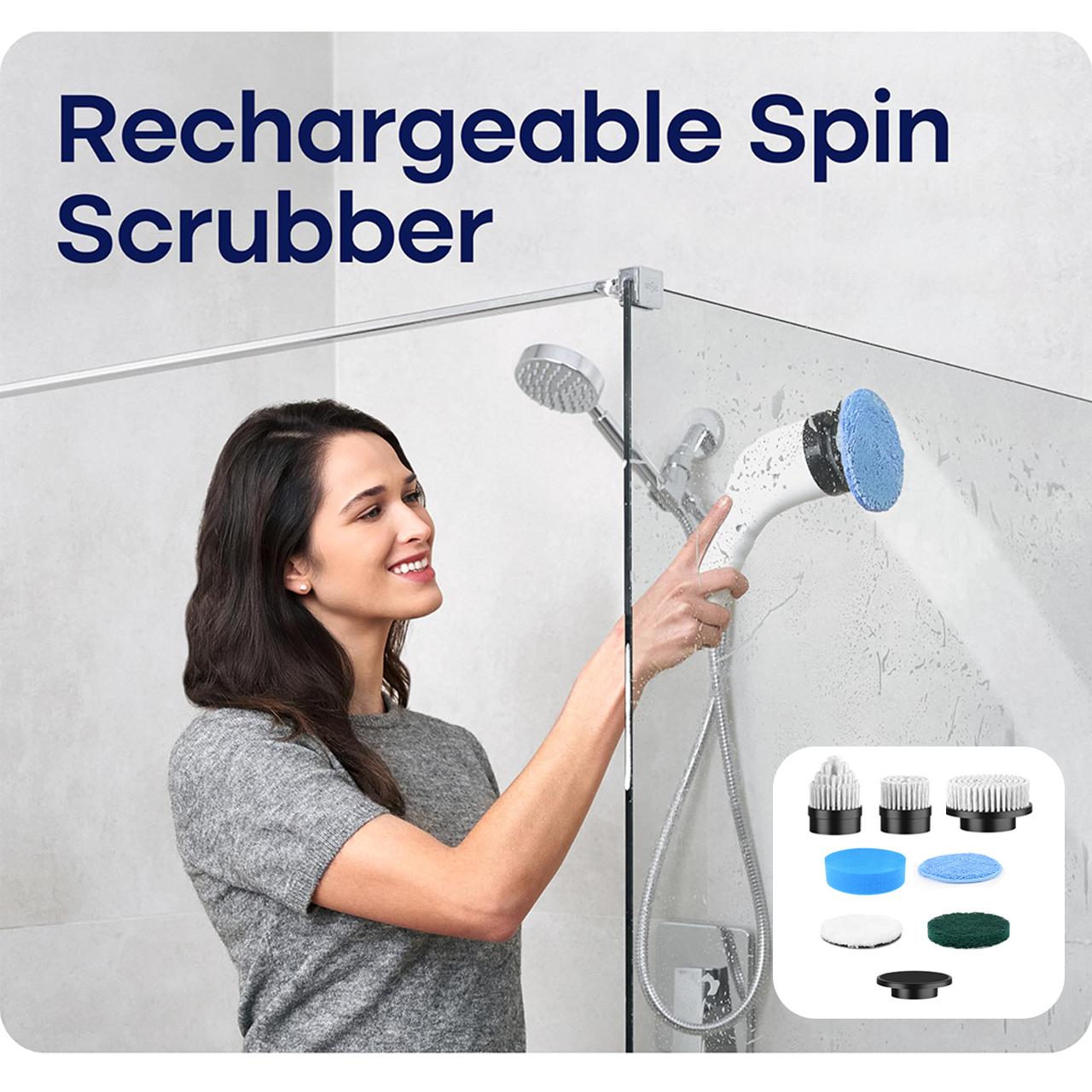 Cordless Electric Spin Scrubber - Shower Floor Scrubber Cleaning Tool with 8 Replaceable Brush Heads, 3-Length Extendable Handle, Dual Speed, IPX7 Waterproof LED Display, Tools and Gadgets for Bathroom, Kitchen
