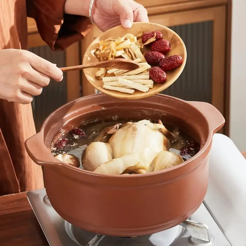 Unglazed Ceramic Cookware - Round Earthenware Pot with Lid, Unfinished Finish, Oven-Safe for Home Cooking Rice, Stews