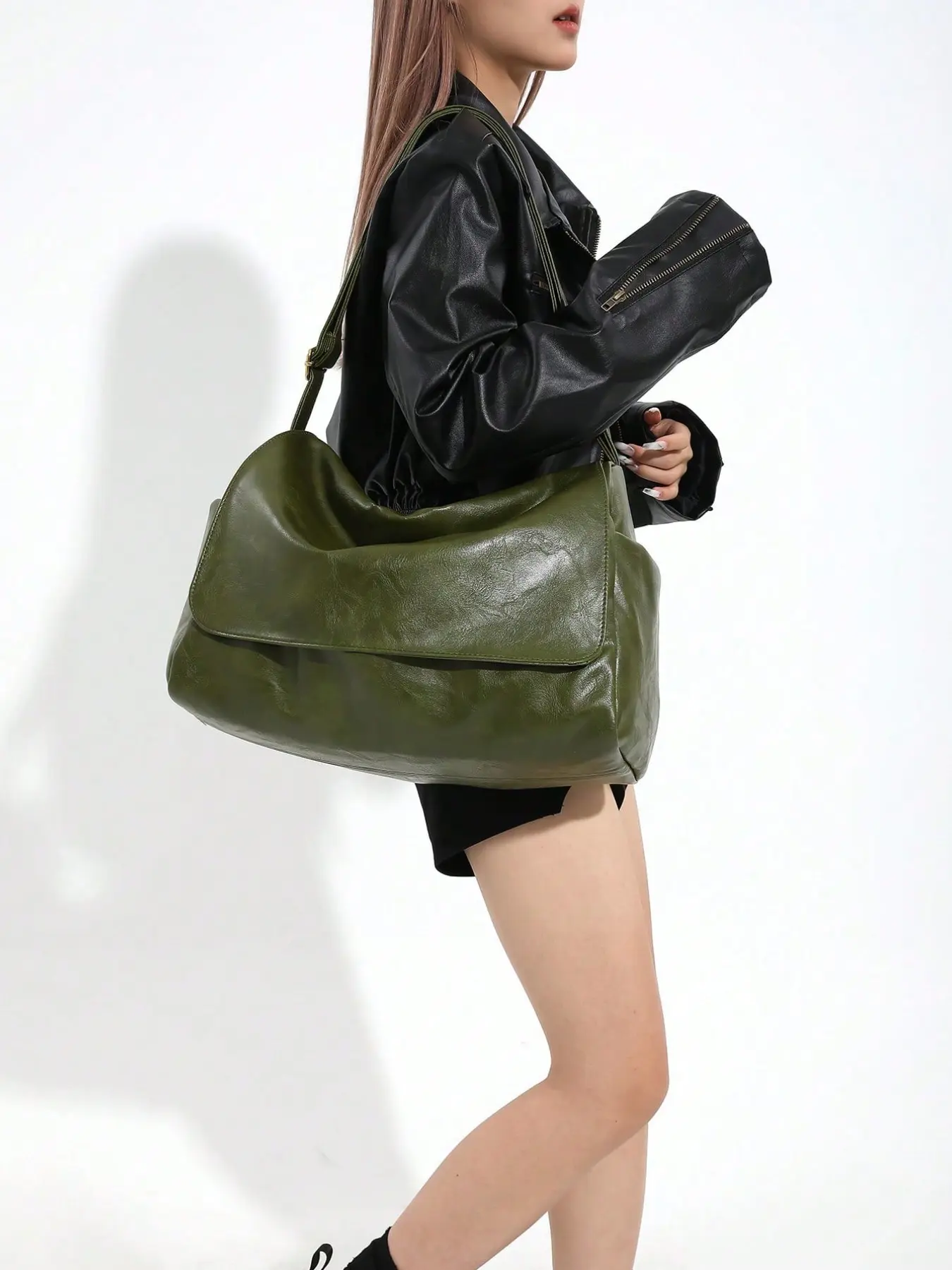 Vintage Olive Green Soft PU Leather Shoulder Tote Bag, Fashion Shoulder Bag, Adjustable Wide Strap Oversized Crossbody Bag, Casual Commute Laptop Purse for Women, Suitable for Shopping, Travel, Daily Use