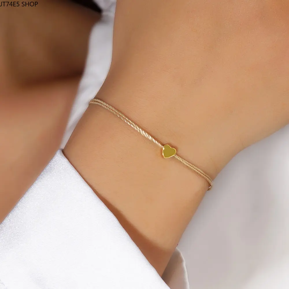 Beaded Bracelet for Women, Minimalist Heart Charm Jewelry on a Sweet Khaki Rope Strand with Copper Beads, Adjustable, Beaded Bracelets