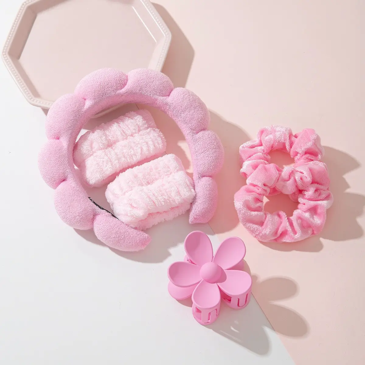 Cloud Bubble Fluffy Spa Headband Wristband Flower Claw Clip 3 In 1 Set Soft Coral Fleece Hair Wrap For Face Washing Skincare, Facial Mask, One-Size-Fit-All