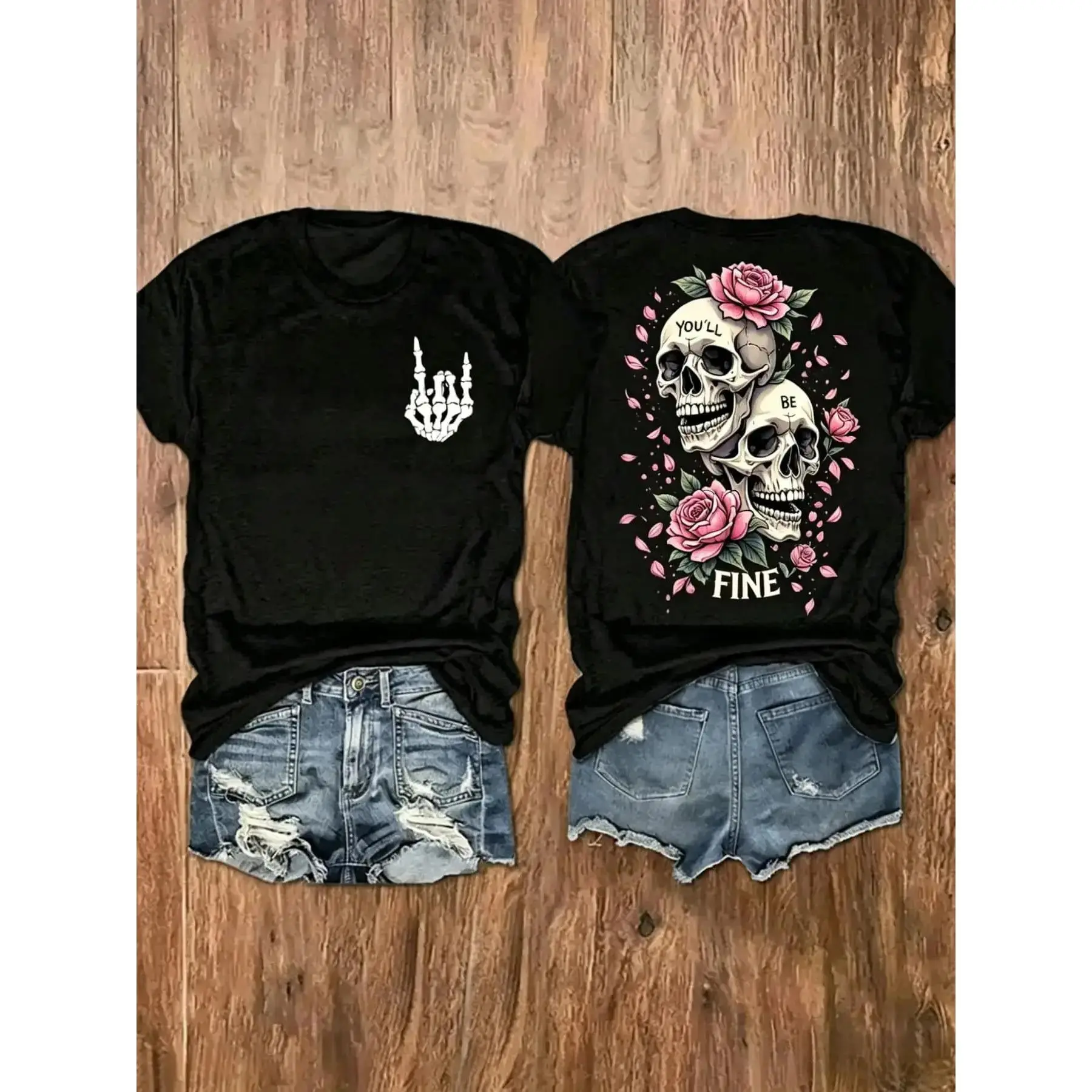 Womens Graphic Tee Rose Skeleton Graphic Print Black Casual Design T Shirt Streetwear Style Crewneck Short Sleeve Soft Cotton Breathable Regular Fit Spring Summer Daily Wear Trendy Gothic Aesthetic Holiday Fashion