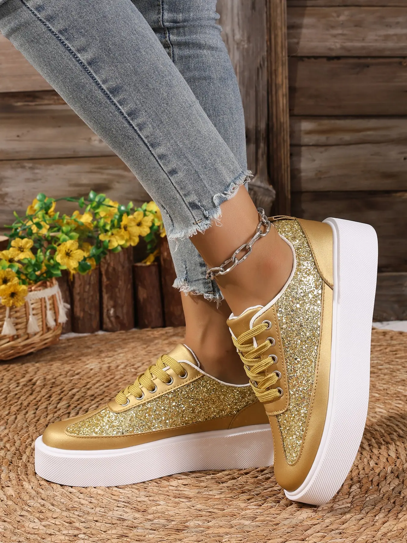 Glitter Thick Sole Casual Board Shoes for Women, Patchwork Laces Wedge Heel Sneakers, Luxury Style Daily Sports Shoes