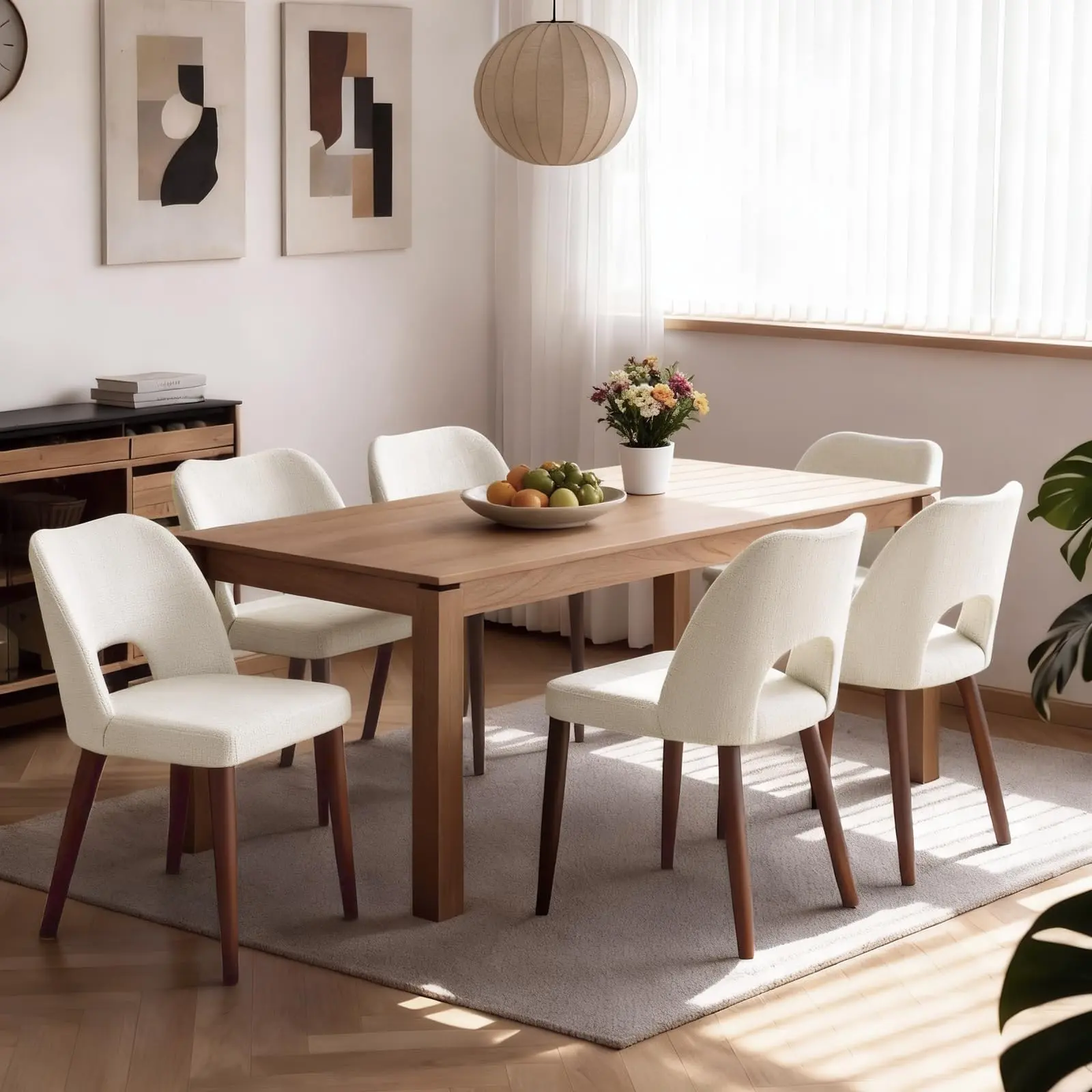 Modern Farmhouse Dining Chairs Set of 6 – Wooden Frame, Upholstered Fabric Seat, Hollow Back, Adjustable Foot Pads – Comfortable, Stylish, for Kitchen & Dining Room, Home, Restaurant, Café
