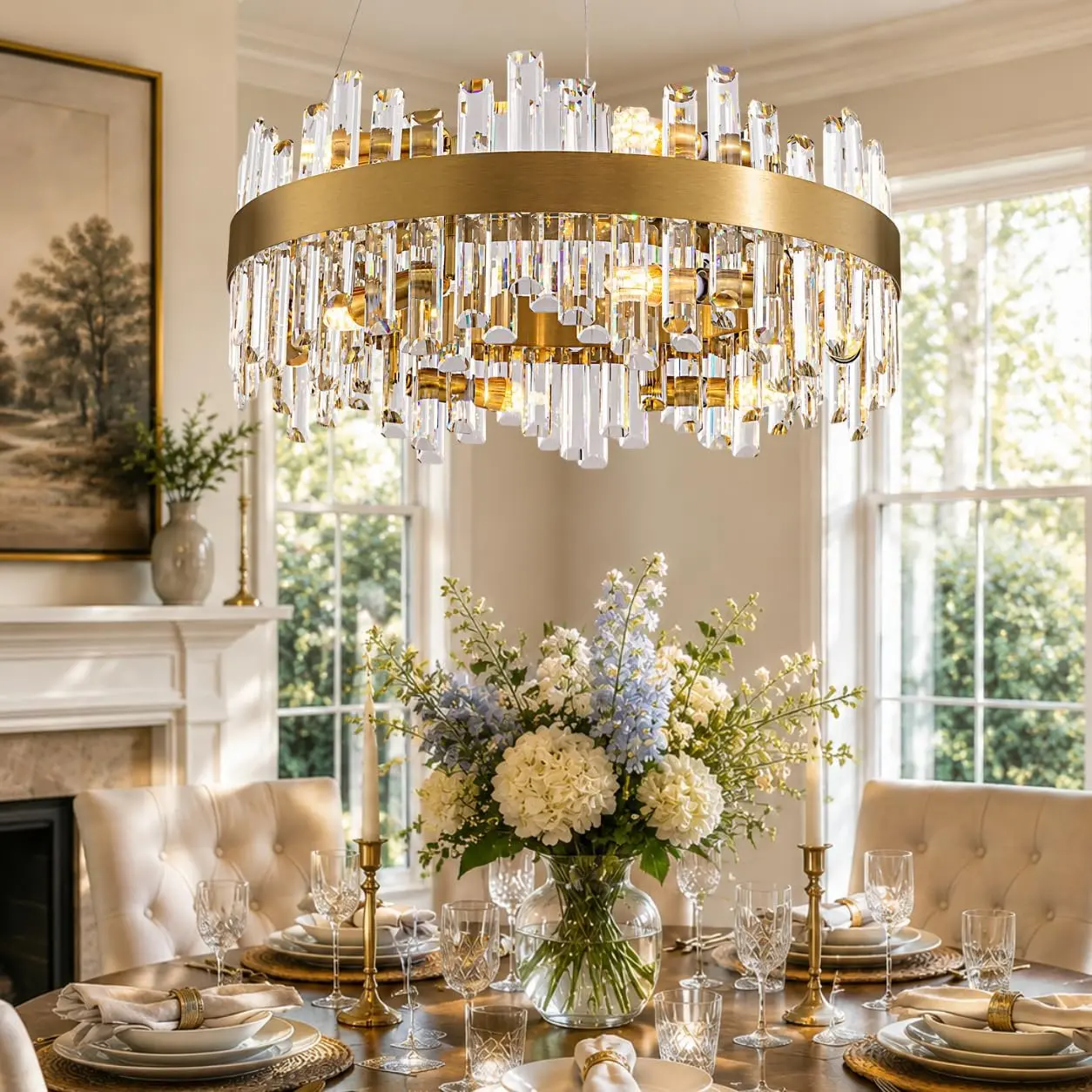 Gold Crystal Chandelier, 23.6-Inch 12-Light 2-Tier K9 Crystal Raindrop Round Ceiling Light Fixture for Dining Room, Living Room, Foyer, Kitchen & Bedroom, 59" Adjustable Hanging Cable