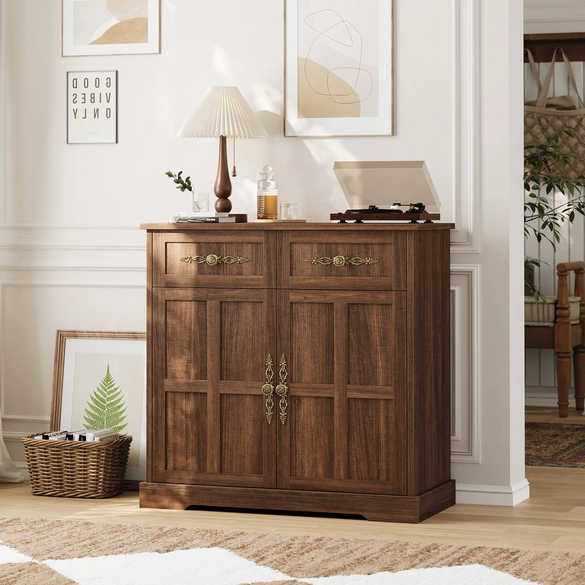 Farmhouse Sideboard Buffet Cabinet with Storage - 35" High Coffee Bar Station with 2 Drawers & Adjustable Shelves - Vintage Wood Grain Cupboard for Kitchen, Dining Room, Entryway