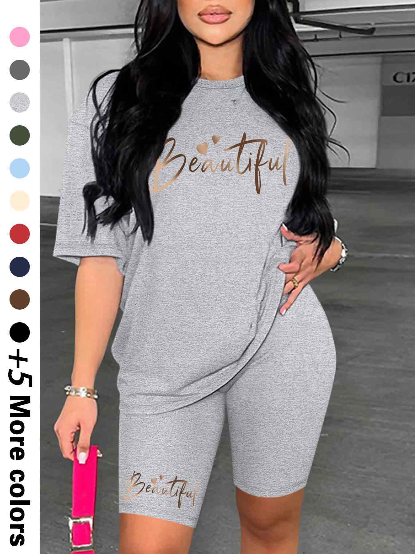 Two-Piece Set Women's Letter Print Crew Neck Tee & Skinny Shorts, Casual Fashion Cozy Round Neck Short Sleeve T-Shirt & Shorts for Daily Outdoor Wear, Ladies Summer Clothes