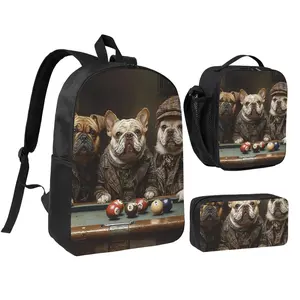 Dogs Funny Billiards Vintage 17-inch Laptop Backpack 3-Piece Set with Insulated Lunch Bag and Accessory Pouch, Rucksack for Teens Adults