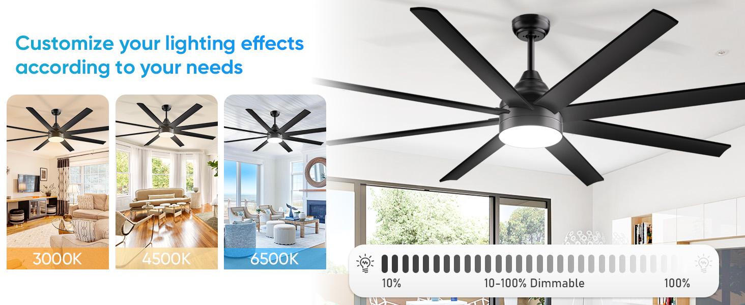 Large Ceiling Fans with Lights and Remote/APP Control, Indoor Outdoor Black Ceiling Fan for Kitchen, Living Room, Patio, 6 Speeds Reversible Quiet DC Motor, 8 Blades