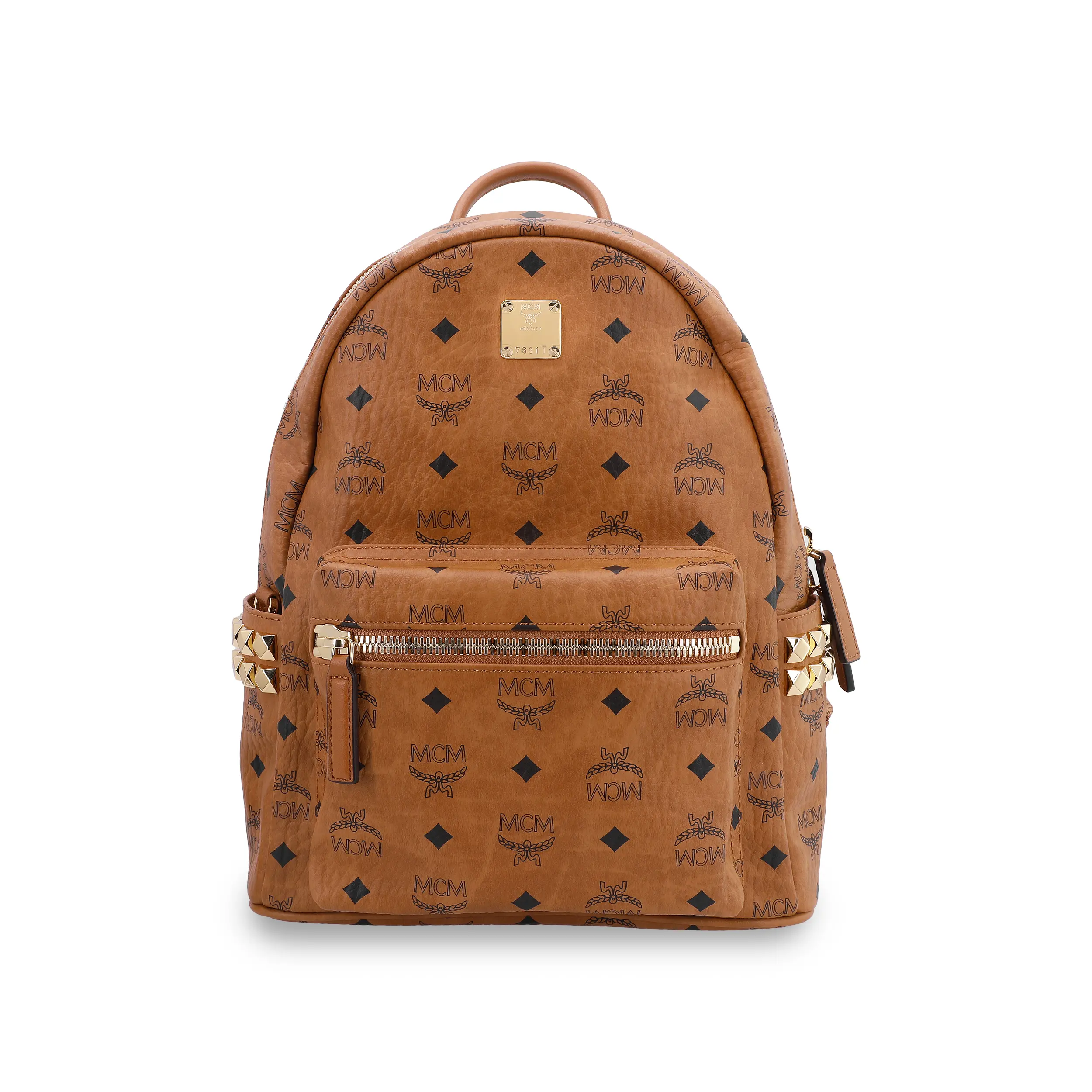 MCM Stark Classic Monogram Dual-Rivet Commuter Backpack – Unisex Small Leather-Blend Bag in Cognac Brown